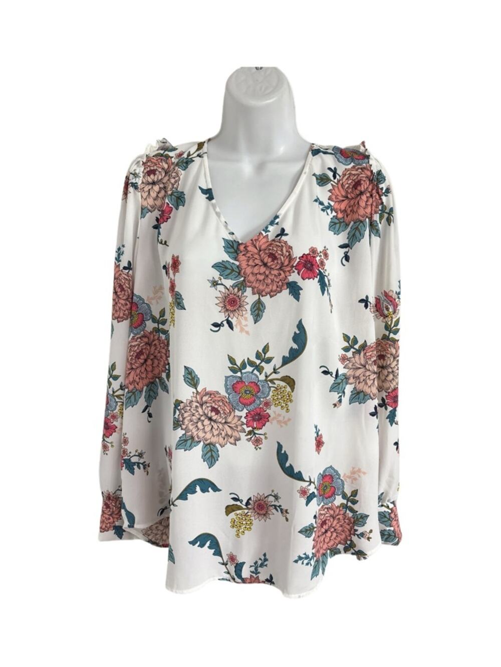 LOFT Floral V-Neck Top Cottagecore Boho Chic Prairiecore Cream Pink Size XL